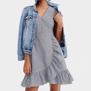 J CREW Navy Gingham Faux Wrap Lightweight Cotton Poplin Ruffle Mini Dress CC